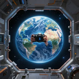 magical man which is a camera in a space station looking at the earth , realistic cinematic, volumetric lighting, centered, symmetrical, sharp focus, digital painting, mystical art, smooth, trending on Artstation, 4k