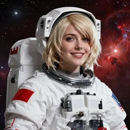 highly detailed portrait of a hopeful pretty astronaut lady with a wavy blonde hair, by Asaf Hanuka, 4k resolution, nier:automata inspired, bravely default inspired, vibrant but dreary but upflifting red, black and white color scheme!!! ((Space nebula background))