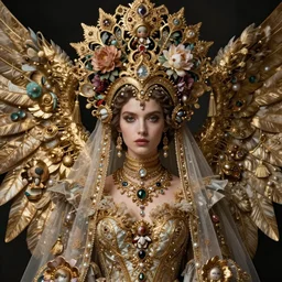a fashion portrait render of a fallen angel veiled , symmetry rococo intricate detailed,dramatic headdress with intricate fractals of flowers,tassels,by Lawrence Alma-Tadema and Billelis and Enchanted doll and aaron horkey and peter gric,trending on pinterest,hyperreal,jewelry,gold,intricate,maximalist,golden ratio,cinematic lighting