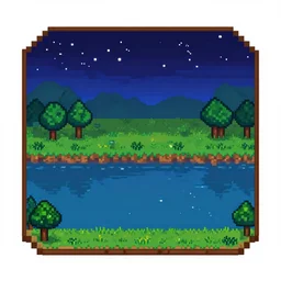 screenshot of pixel art landscape, night sky reflected in the water, stardew valley