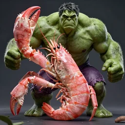 a detailed portrait of a huge pink shrimp crustacean mixed with the incredible hulk, ultra realistic digital artwork, dramatic lighting, fighting pose