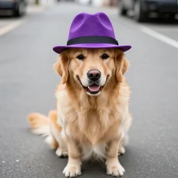 a golden retriever dog in a purple fedora in a street
