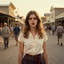 a beautiful but horrifying young woman standing on a busy street in a country town in the 1 9 7 0 s, seventies, golden hour, painterly, offset printing technique, by alexandre cabanel