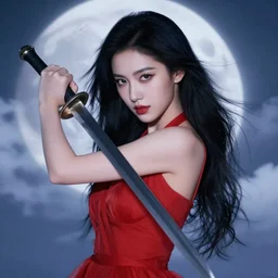 a beautiful fierce black haired woman wearing red dress wielding black blade posing heroically, heavenly moonlit clouds background, close up shot