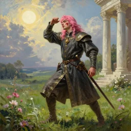 medieval noble male with pink hair and pink bangs full body view, dramatic pose, blood on his face, photorealistic oil painting, sun in the sky, bloom, green grassy land and white marble columns in the background
