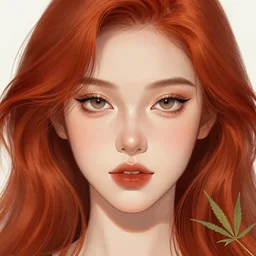 close - up portait of beautiful and pretty girl, high quality detailed face, elegant, illustration, red hair, cannabis, art by audrey kawasaki