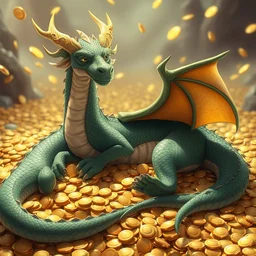 dragoness lounges on a bed of gold coins # anime # rendered # raycasting # vfx # photorealism cartoon