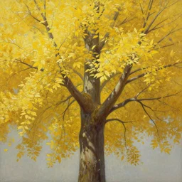 a painting of a tree with yellow leaves, a detailed matte painting by edward okun, featured on pixiv, magic realism, official art, detailed painting, high detail