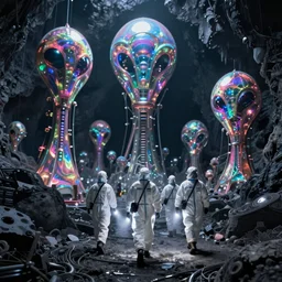 People in hazmat suits holding flashlights walking towards gigantic iridescent alien structures found in the deepest parts of a dark pit