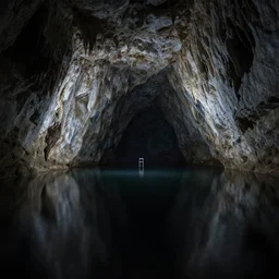 a huge cave, black cave lake, background a chair under a light, surreal, highly detailed, artstation, smooth, sharp focus, by greg rutkowski, 8 k