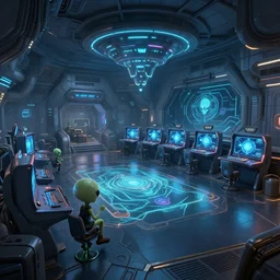 two alien playing game at its spacious gaming room, hi - tech gaming setup, intricate, led lights, sci - fi, indoor, spacious, artstation, art by filip hodas and artgerm