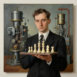 a man holding up a bunch of chess pieces, a surrealist painting by marcel duchamp, complex artificial intelligence machinery, flickr contest winner, stuckism, surrealist, studio portrait, 1 9 2 0 s