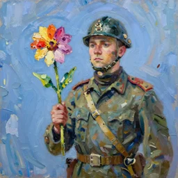 an impasto oil painting of a soldier holding a colorful flower painted by caspar david friedrich, blue color scheme