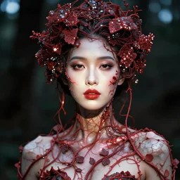 ! dream cinestill 5 0 d photo portrait of a beautiful hybrid woman in style of paolo roversi by roberto ferri, matt basalt body intricate detailed with red vines and wires, intricate sparkling basalt ornamental hair, 1 5 0 mm lens, f 1. 4, sharp focus, ethereal, emotionally evoking, head in focus, radiant volumetric lighting, matt colours outdoor