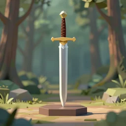 Low Poly Render of a sword in a pedestal in a forest