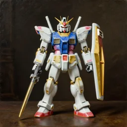 a painting of a gundam five star stories with golden and white ceramic toy wikth blue and pink pigments, a flemish baroque by dino valls, trending on zbrush central, classical realism, flemish baroque, hyper realism, chiaroscuro