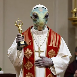 award winning photo of reptilian alien wearing the popes robes