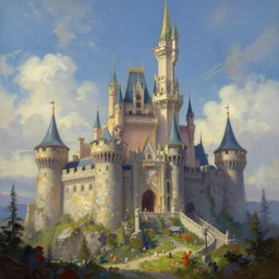 A fantasy castle beautiful matte painting, Moebius, james gurney, thomas kinkade, rodney mathews, trending on artstation