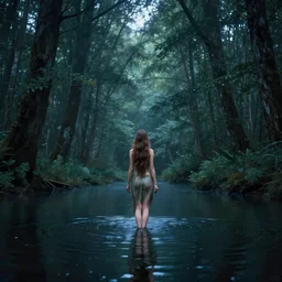 forest nymph rising from the water. view from behind, wide angle view, back view. nuri iyem, james gurney, james jean, greg rutkowski, anato finnstark. trending on artstation, starlight, and enchanted dreams. instagram photo shoot, sigma 3 5 mm, award winning photography, her right hand behind her