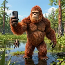 bigfoot taking a selfie at the swamp