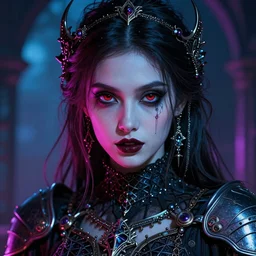 Knight gothic girl, illustrated by Greg Rutkowski and Gaston Bussiere, 35mm lens, beautiful macro close-up imagery, vibrantly lush neon lighting, beautiful volumetric-lighting-style atmosphere, a futuristic atmosphere, intricate, detailed, photorealistic imagery, trending on artstation, 4k, 8k