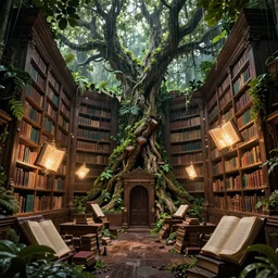 a decaying old library, a rainforest tree growing inside, magical glowing books flying, highly detailed, intricate detail, mystical lighting, dramatic scenery, beautiful 3 d rendering, octane render, trending on artstation