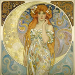 the moon girl. beautiful painting by mucha and kuvshinov
