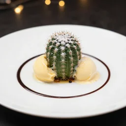 a fine dining dessert plate of spiky cactus and ice cream, sugar sprinkled, thin line of chocolate sauce around plate, food photography, michelin star, fine dining, bokeh