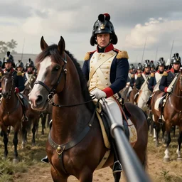 selfi stick of napoleon riding his horse in front of his army, highly detailed, photorealistic, trending on artstation, 4 k, 8 k