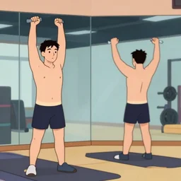 animation of a man in the gym stretching his tight hamstrings and then a next to him a mirrored image of himself with highly flexible hamstrings