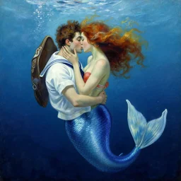 mermaid kissing sailor underwater, painting by leonid afremov