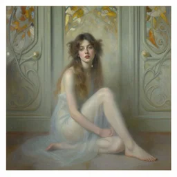 a portrait of beautiful woman sitting on the floor, inside a apartment with art nouveau architecture, detailed oil painting, misty, ethereal, soft lighting, 8 k, by ruan jia and alphonse mucha and jeremy mann