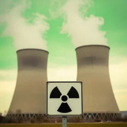 a small sign showing a nuclear symbol, in the background there is a cooling nuclear tower with lots of steam, the sky is green and yellow