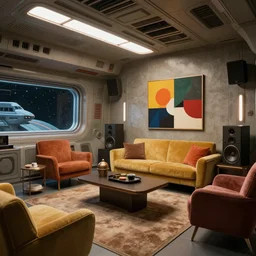 very detailed interior of alien futuristic spaceship with high resolution textures, 1 9 5 0 s midcentury furnishings, hi fi stereo with speakers, bold modern art, space age bachelor pad, raytracing, raymarching, subsurface scattering, still from new scifi movie by lucasfilm, by arthur haas and stefan morrell, weta digital