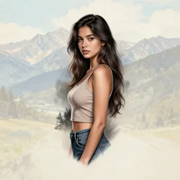 tattoo design sketch of a beautiful girl standing against a faded background of beautiful mountain scenery, hyper realistic