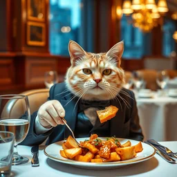 cat in a suit eating a plate of cat food at a fancy restaurant