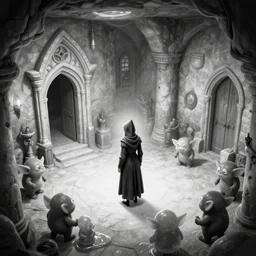 black and white point perspective dungeon cozy fantasy dungeon The human defenestrator Katherine and their gelatinous group of goblins are hiding in the flourishing cave.,by artgerm and Craig Mullins, James Jean, Andrey Ryabovichev, Mark Simonetti and Peter Morbacher 16k