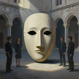 sentinel with piercing eyes in an engraved mask portrait, ambient light - filled courtyard, morning light, romanesque architecture, chiaroscuro, atmospheric, light cascading, minimalist, lowbrow, pop surrealism, avery palmer, mark ryden, mike davis, marion peck, camille rose garcia, todd schorr and ray caesar, oil on canvas
