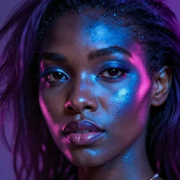 hyperrealistic intricate close-up of beautiful african woman with purple hair and pearlescent blue skin james paick machiej kuciara dramatic neon lighting on one side