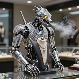 robotic chrome cobra, with rhinestones embedded in its scales, with glowing yellow eyes, blowing smoke from its nostrils and wrapping around a jewelry display stand, real life, photography, cinematic, jewelry commercial