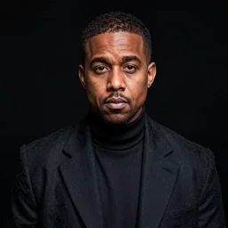 a split lighting portrait of kanye west dressed as rick owens, black background, portrait by julia margaret cameron, shallow depth of field, 8 0 mm, f 1. 8