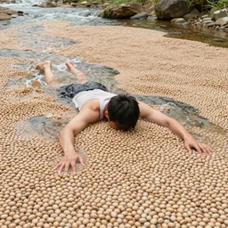 person struggling to stay afloat in a river comprised of only beans