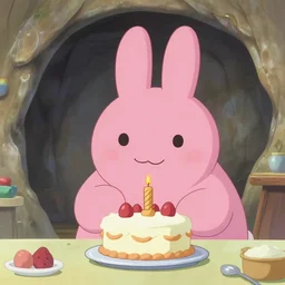 big pink bunny, baking a cake in a cave, anime art, high resolution 4 k, by makoto shinkai and beeple