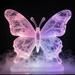butterfly ice sculpture, pink, purple, glow, steam at the bottom