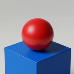 a red ball on a blue cube