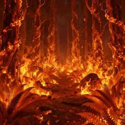 A flaming forest , flaming leaves,Magma,flame stones are scattered, flame ferns, flame shrubs, huge flame Fantasy plant,covered in flame porcelain vine, artstation,by  Jakub Rozalski, Greg Rutkowski,anthony avon