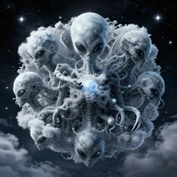 alien complex structure, clouds and stars
