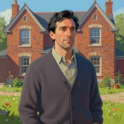 colorful painting of a middle aged man with black hair wearing a cardigan in front of an old brick house, charles camoin, trending on artstation, unreal engine, fantasy art