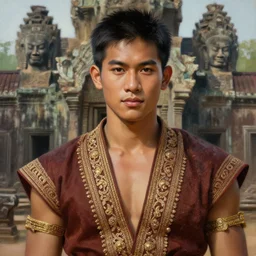 a smart and handsome and beautiful thai male dressed as hunter in armed, close - up portrait, with 6 0 s costume, karen traditional costume, ancient khmer ruin in background, intricate, elegant, loin cloth, highly detailed, oil painting, artstation, concept art, matte, sharp focus, illustration, hearthstone, art by earl norem