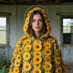 a woman wearing a hooded cloak made of zinnias and barbed wire, in a derelict house, by Charlotte Grimm, natural light, detailed face, CANON Eos C300, ƒ1.8, 35mm, 8K, medium-format print